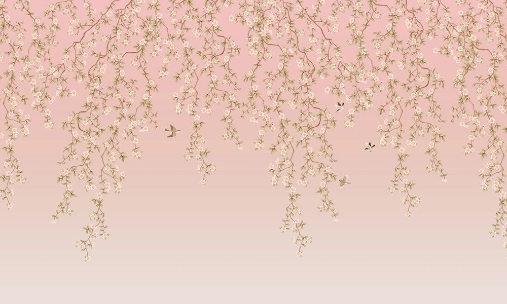 Blossoming Pink Floral Mural Wallpaper with Delicate Birds and Branches