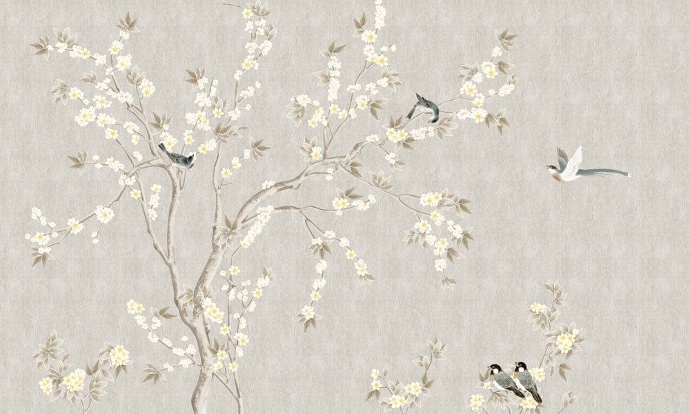 Elegant Blossom and Birds Taupe Chinoiserie Mural Wallpaper - Timeless Vintage Charm