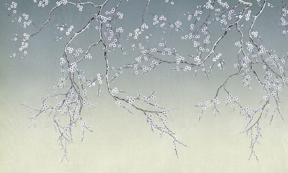 Elegant Blossom Branches Green to Grey Gradient Mural Wallpaper Design