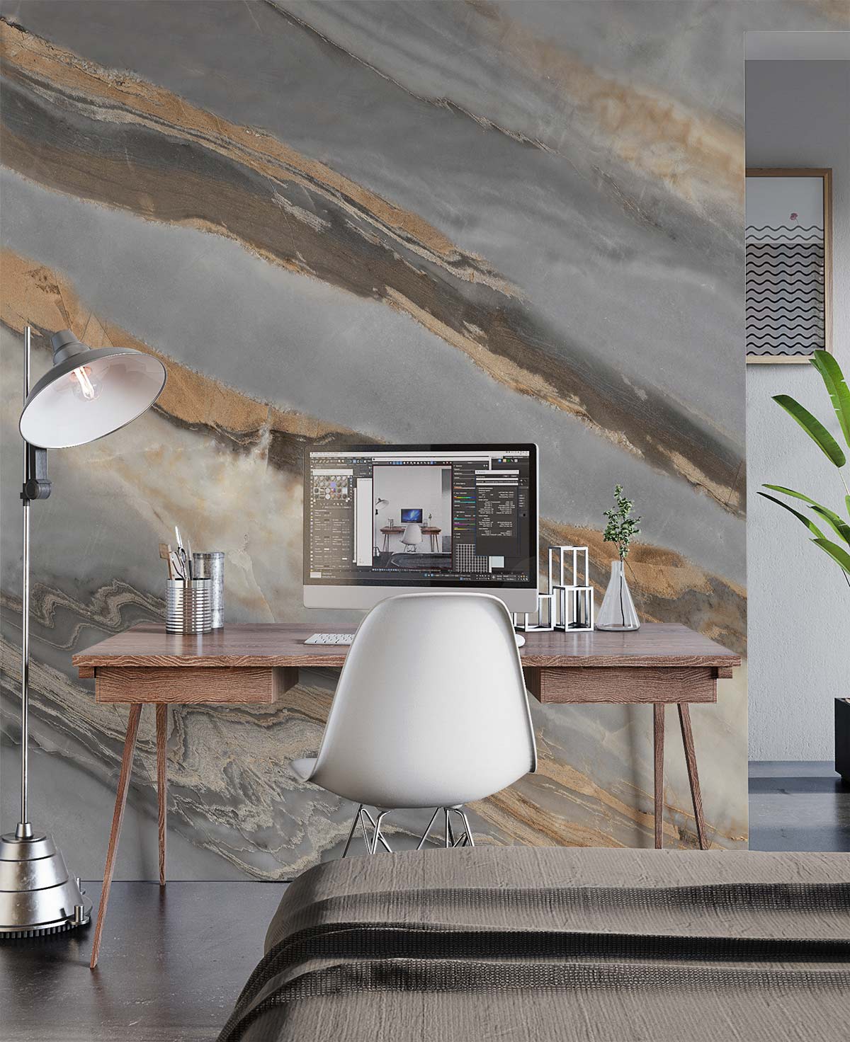 Elegant Grey Marble Effect Wallpaper, earthy tones, modern desk, white chair, floor lamp, minimalist decor.