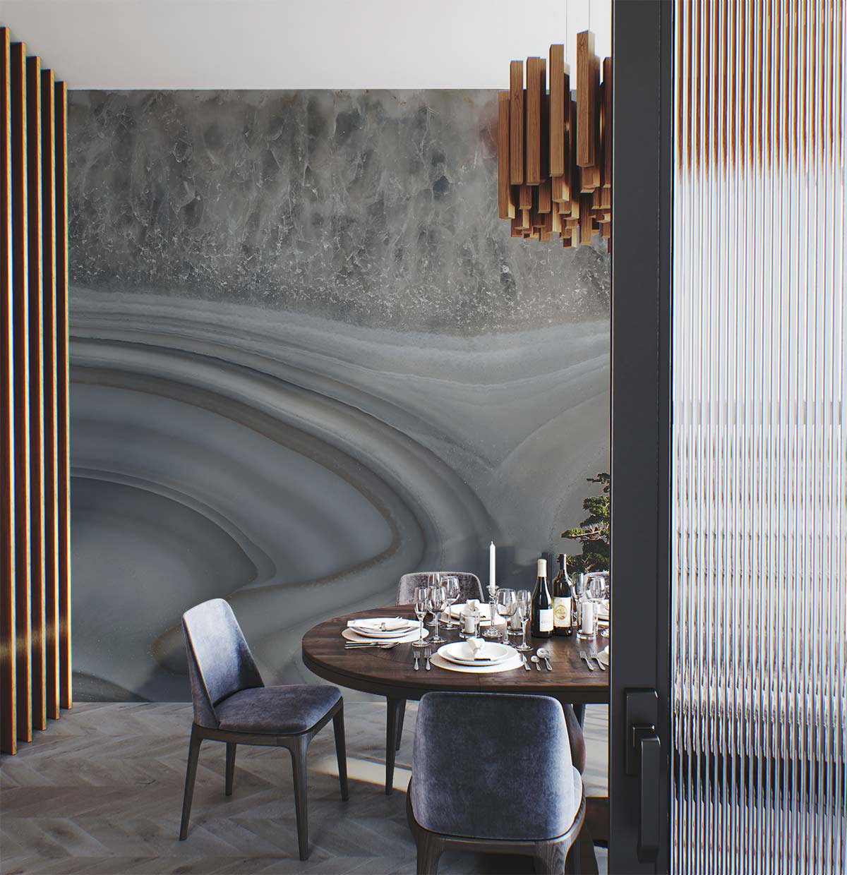 Luxurious grey marble wallpaper, natural stone texture, dining room, wooden chairs, round table, chic design.