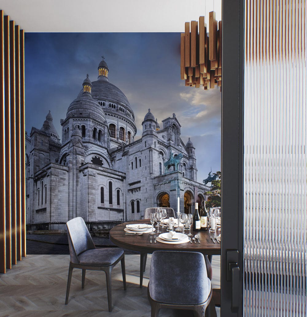 Elegant Parisian Sky Mural Wallpaper, Sacré-Cœur Art with dining table, blue chairs, and wooden flooring.