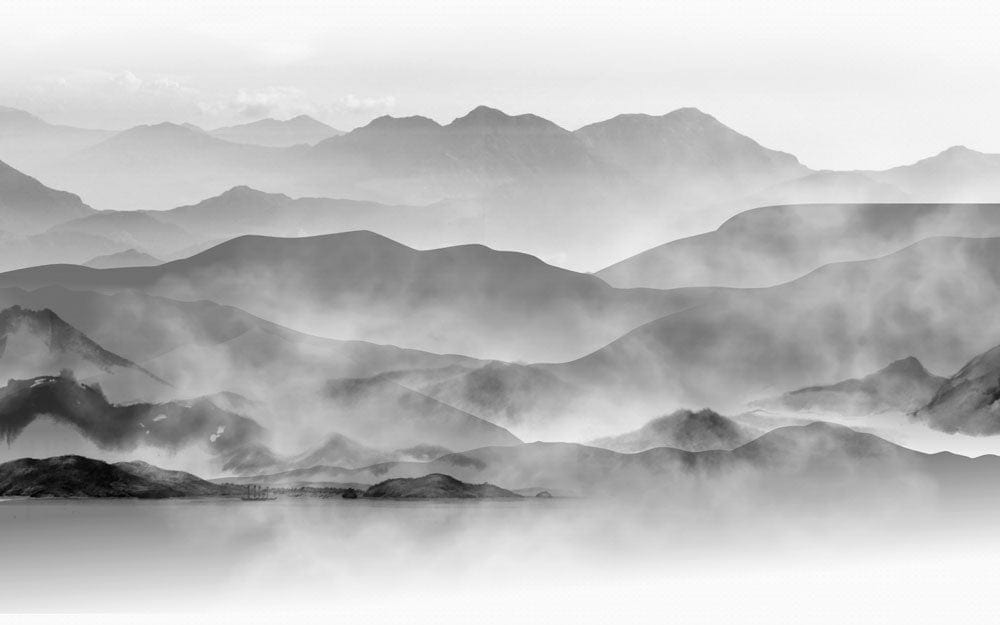 Monochrome Misty Mountain Landscape Mural Wallpaper - Serene Nature Design