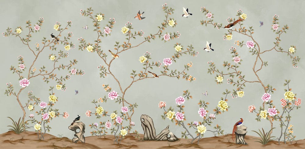 Vintage Chinoiserie Floral Mural Wallpaper: Pastel Green with Birds and Blossoms