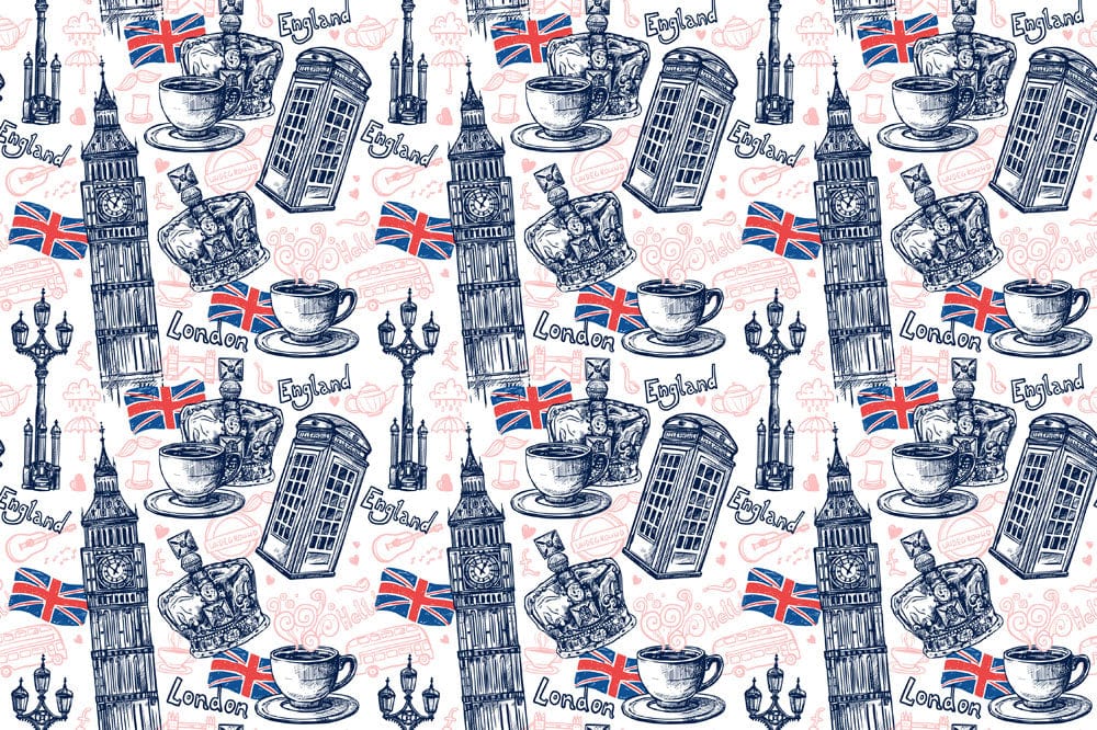 Quaint London Heritage Icons Vintage Blue Red Mural Wallpaper Design