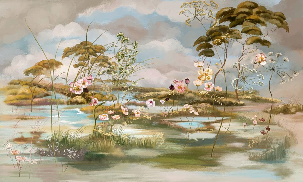 Serene Pastel Landscape Mural Wallpaper with Vintage Floral Design in Watercolour Shades