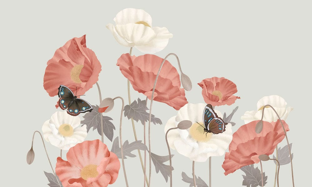 Whimsical Butterfly and Poppy Floral Wallpaper in Soft Pastel Tones