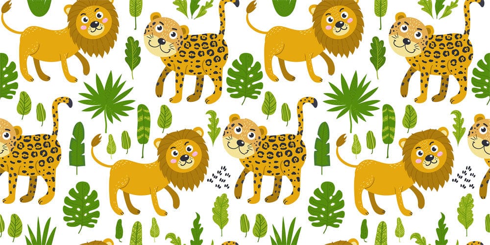 Cheerful Jungle Safari Animal Mural Wallpaper with Green Leaves Pattern