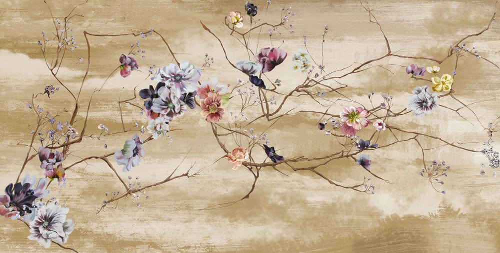 Elegant Vintage Floral Mural Wallpaper with Subtle Earth Tones and Branch Design