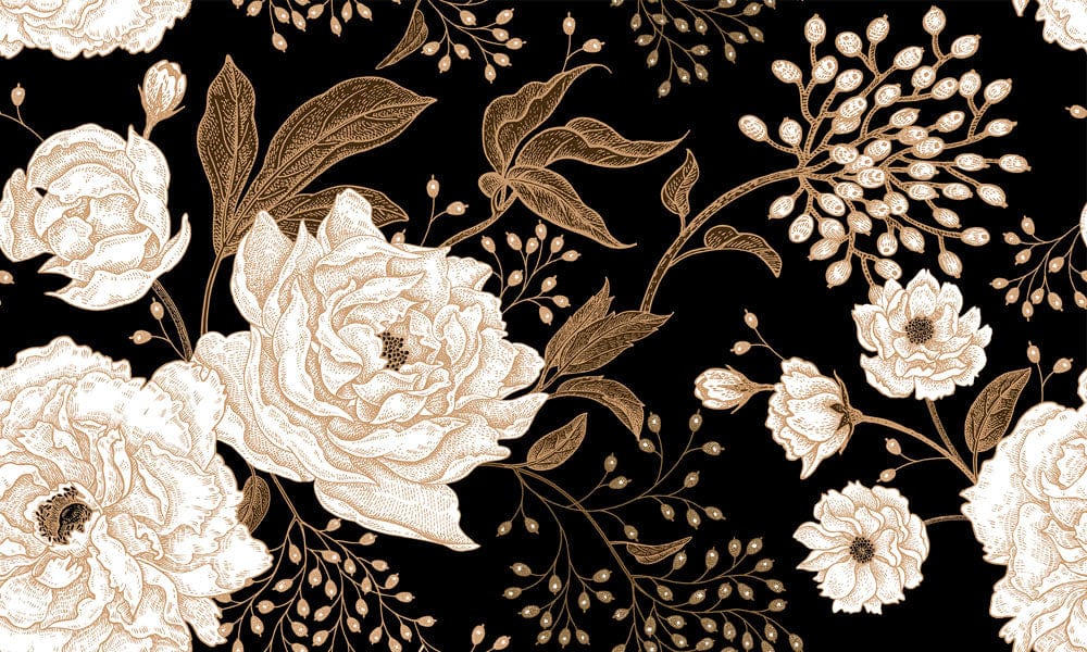 Elegant Black and Gold Floral Botanical Pattern Wallpaper for Luxurious Interiors