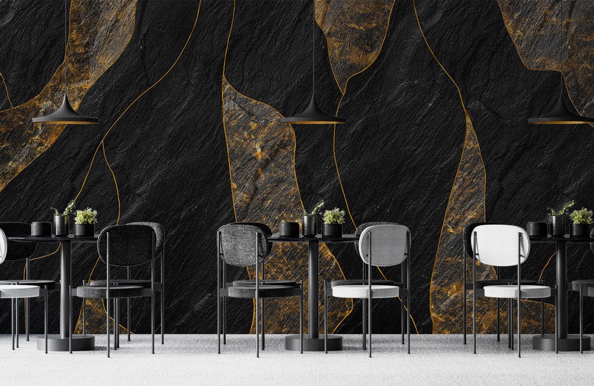 Luxurious abstract wall mural with gold accents, features black seating, modern tables, and pendant lights.
