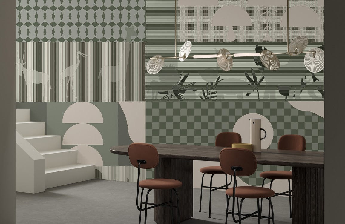 Geometric Safari wallpaper in sage green with abstract wildlife design, dining room, modern furniture, neutral flooring.