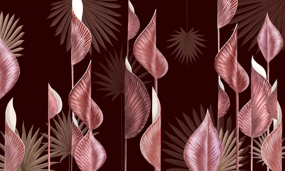 Floral Botanical Dark Red and Pink Wallpaper with Leaf Design Pattern