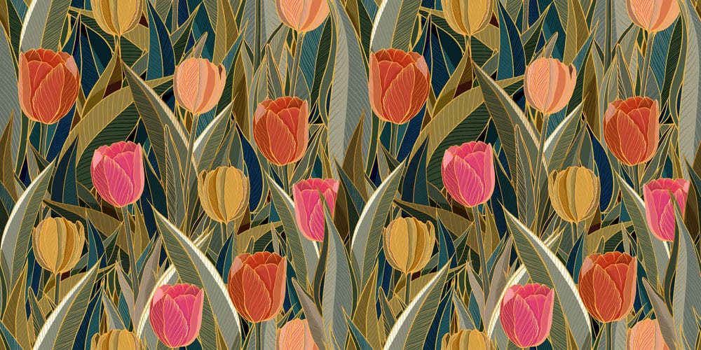 Vintage Floral Tulip Wallpaper in Rich Earthy Green and Orange Hues
