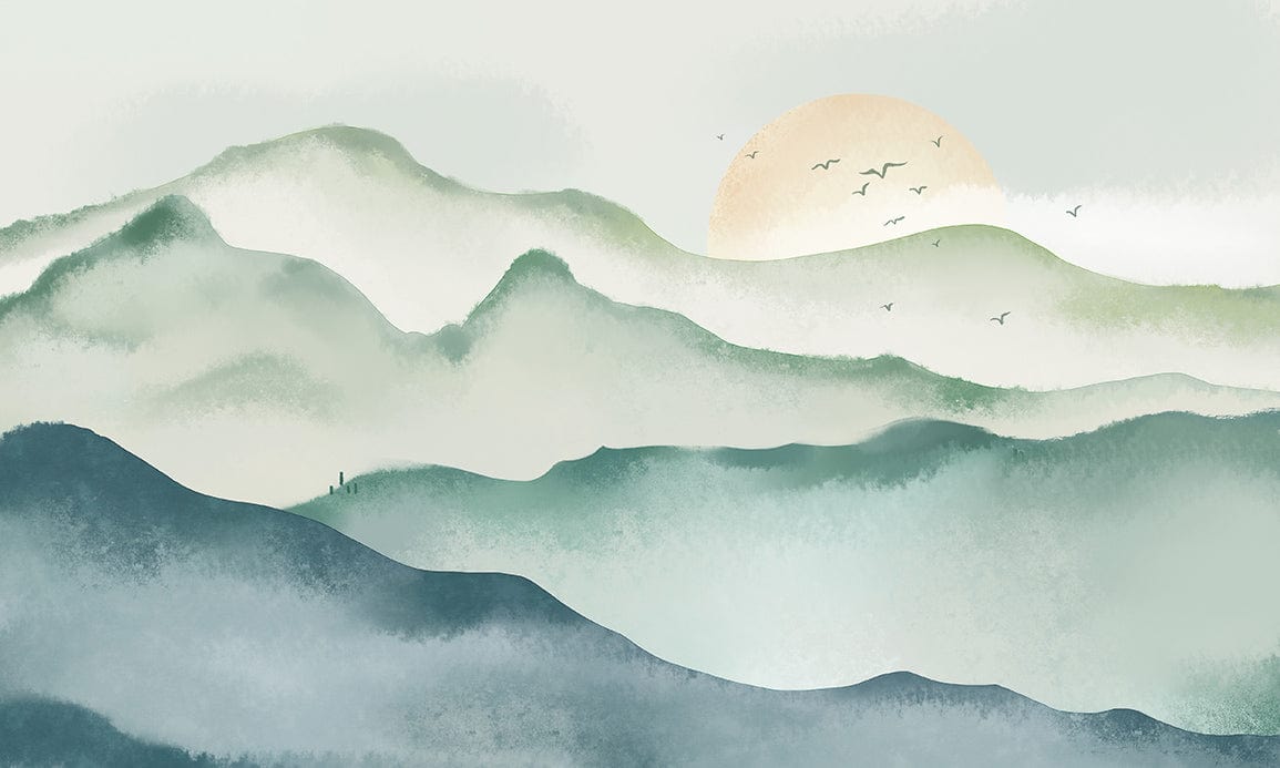 Misty Mountain Landscape Mural Wallpaper in Serene Green Watercolour Style