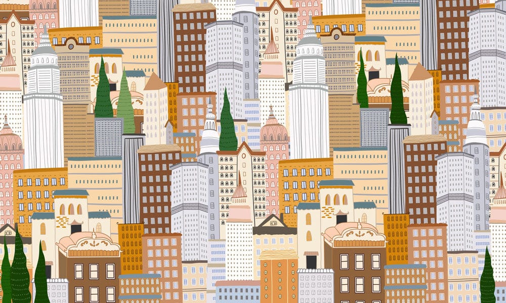 Urban Cityscape Mural Wallpaper in Warm Earth Tones, Modern Architectural Design