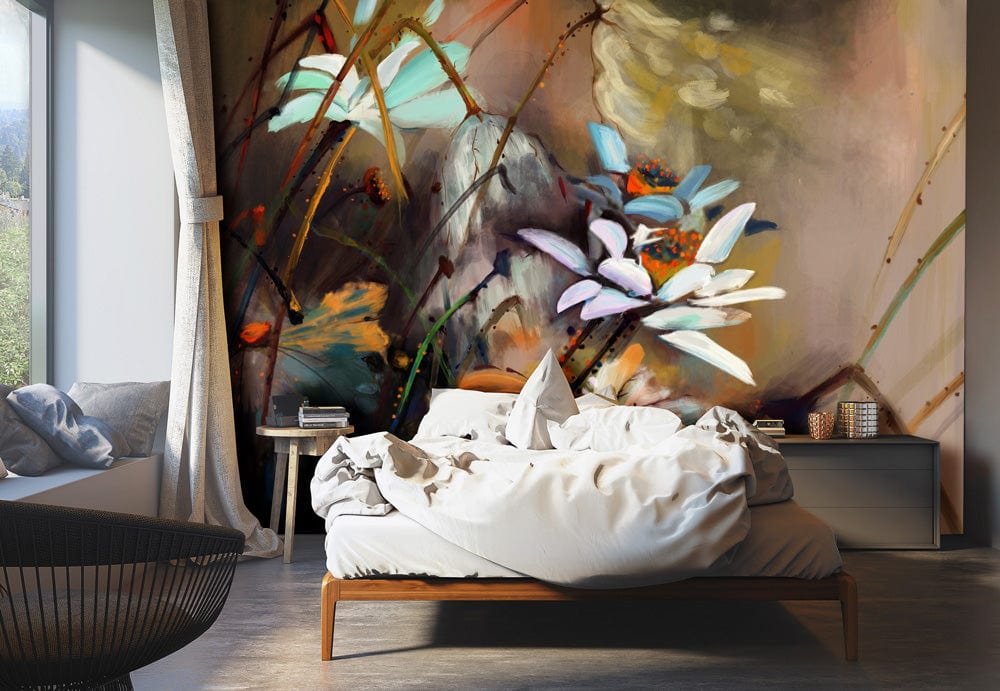 Elegant Pastel Floral Abstract Mural Wallpaper in bedroom with wooden bed, grey curtains, and modern decor.