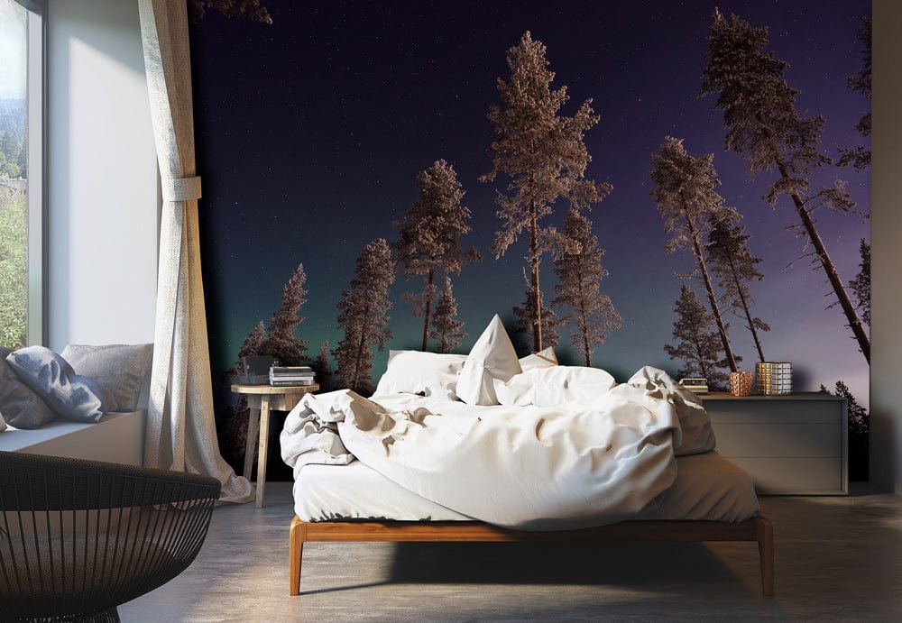 Starlit Nordic Forest Mural on bedroom wall, featuring grey modern sofa and light wood flooring.