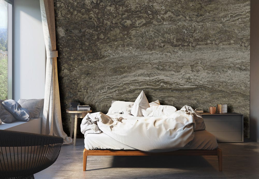 Earthy Stone Textured Mural Wallpaper in rustic grey; elegant bedroom with modern bed and neutral flooring.