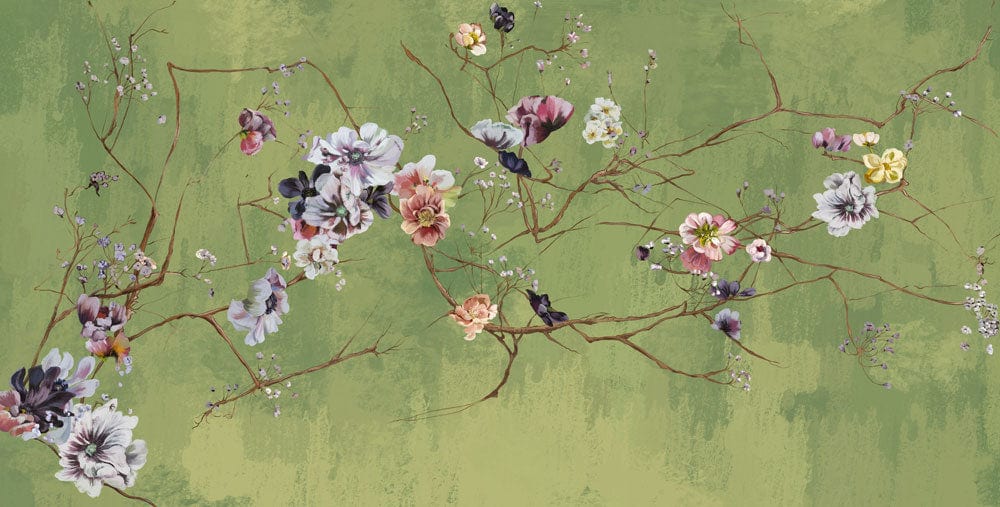 Elegant Green Floral Mural Wallpaper with Vintage Blossom Branch Pattern