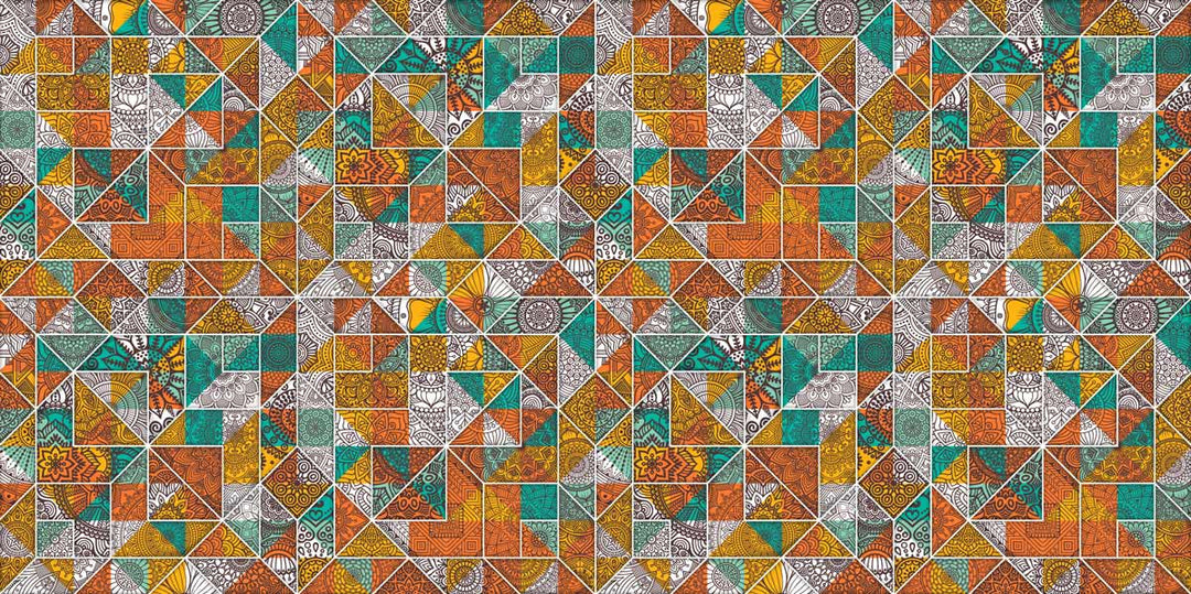 Rustic Geometric Mosaic Wallpaper: Vibrant Orange, Teal, and Grey Tiles Pattern