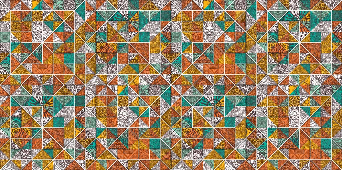 Rustic Geometric Mosaic Wallpaper: Vibrant Orange, Teal, and Grey Tiles Pattern