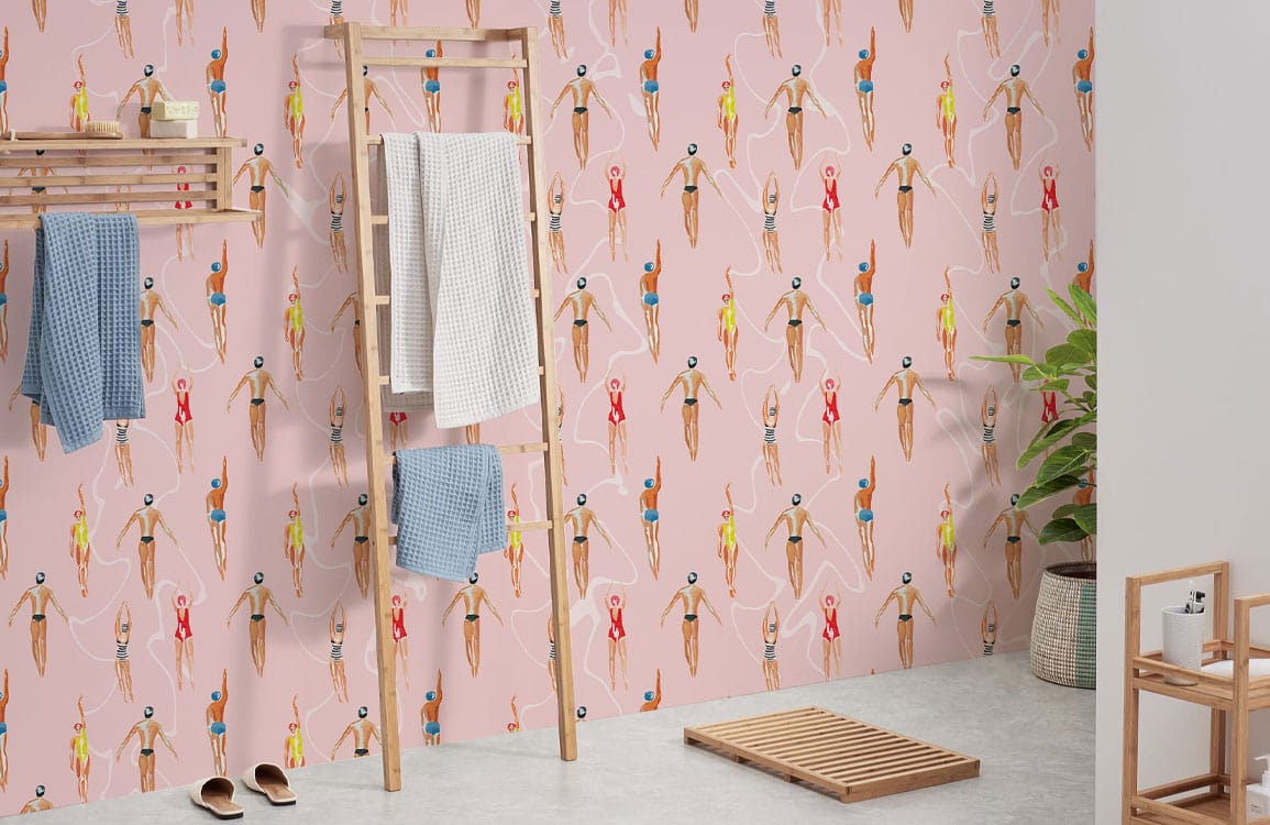 Retro surfer patterned wallpaper in pastel pink, bathroom with wooden accents and soft grey flooring.