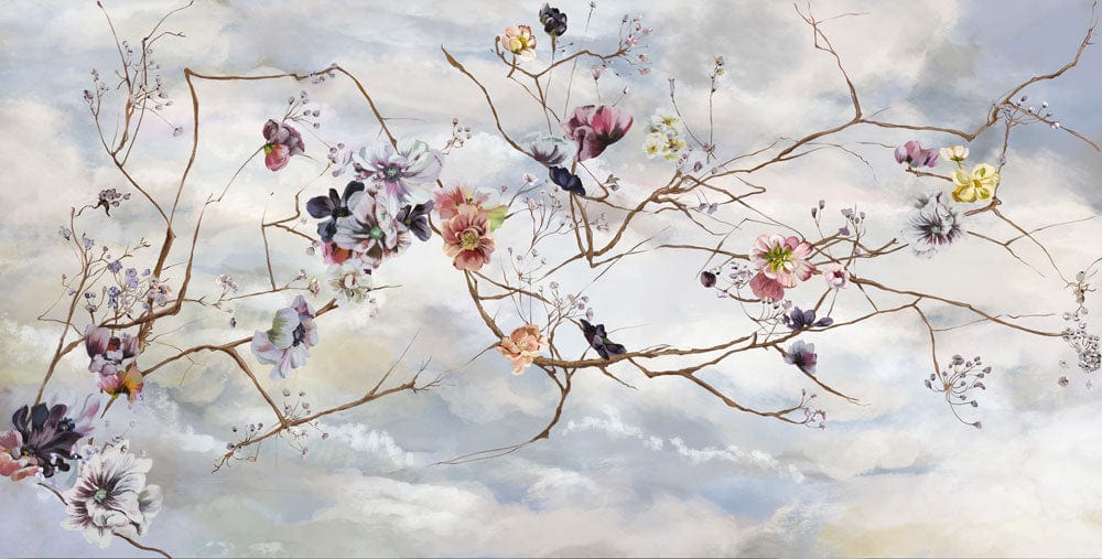 Serene Sky Floral Branches Mural Wallpaper - Tranquil Watercolour Pastel Design