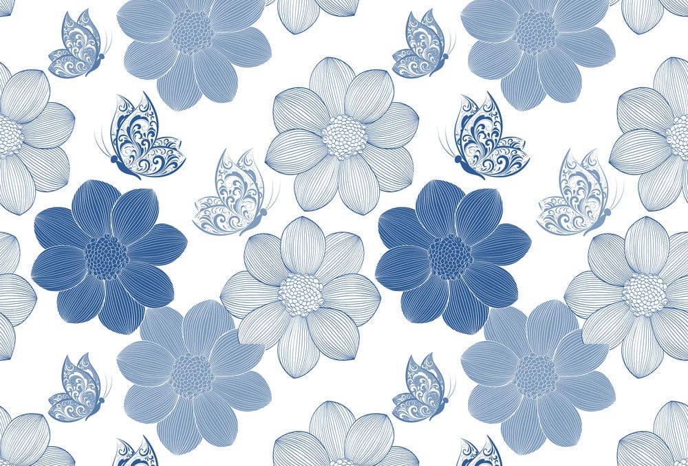 Elegant Blue Floral and Butterfly Pattern Wallpaper for Stylish Interiors