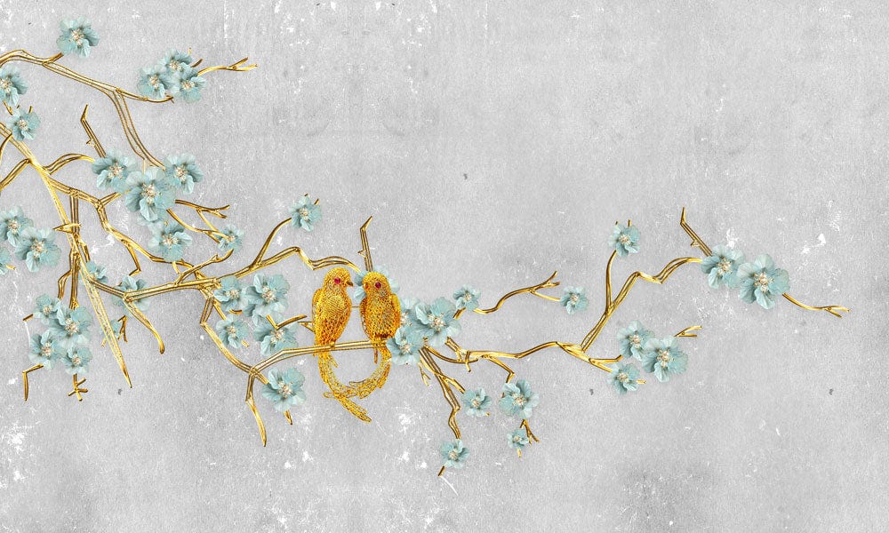 Exquisite Grey Floral Bird Branch Mural Wallpaper with Gold Accents.