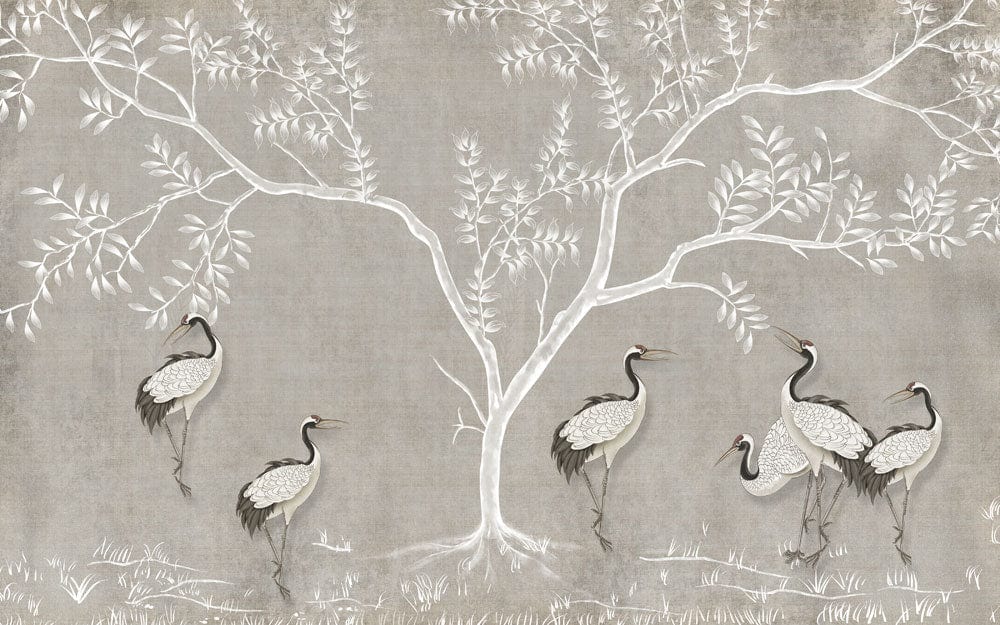 Elegant Grey Crane and Tree Mural Wallpaper - Nature Inspired Decor
