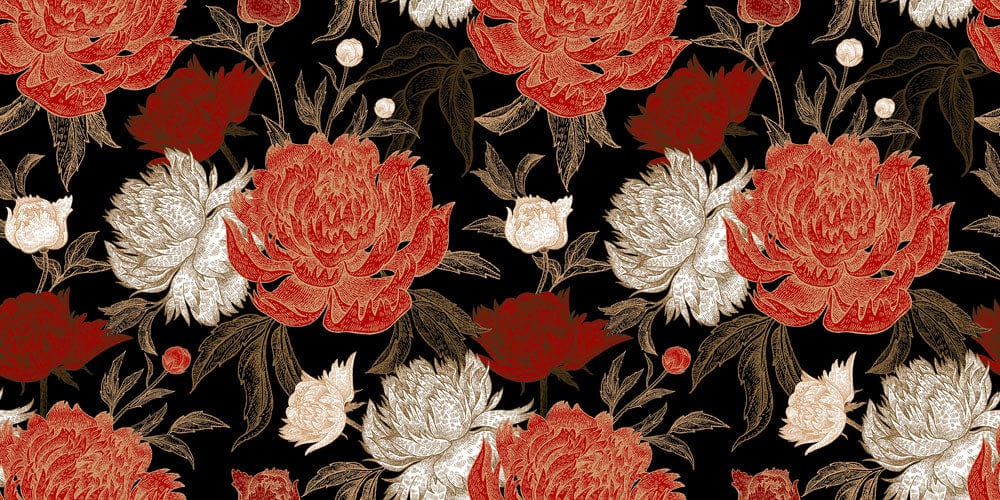 Luxurious floral wallpaper with rich black, gold, red design; featuring elegant floral motifs throughout.