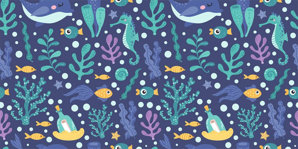 Underwater Adventure Navy Blue Nautical Kids Mural Wallpaper with Sea Creatures