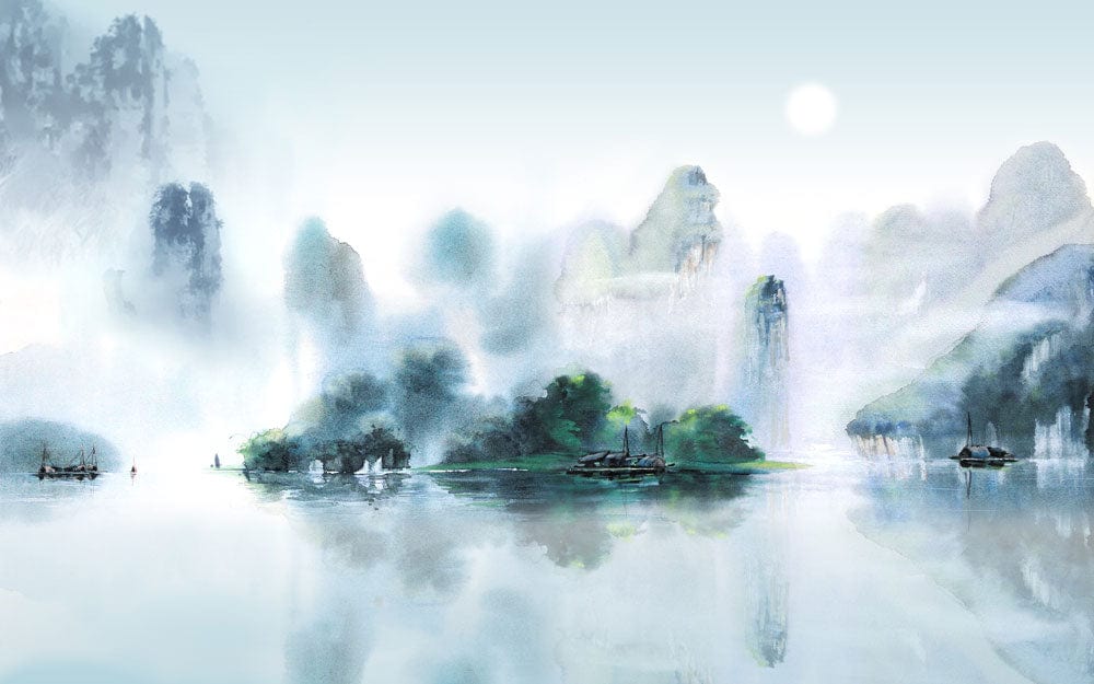 Serene Misty Mountain Landscape Watercolour Mural Wallpaper in Soothing Blues