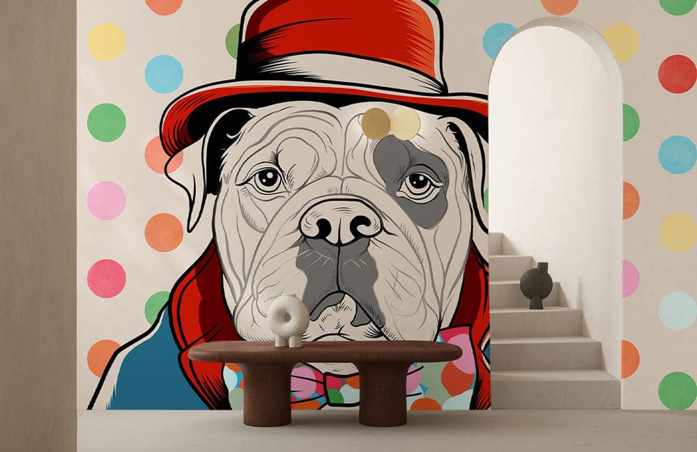Colourful Polka Dot Bulldog Wallpaper in quirky vintage style; arched doorway, minimalist beige interior.