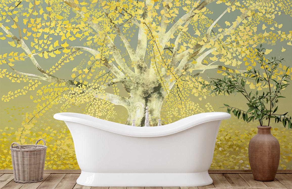 Golden Dreamscape Tree Mural Wallpaper on bathroom wall with white bathtub and wooden flooring.