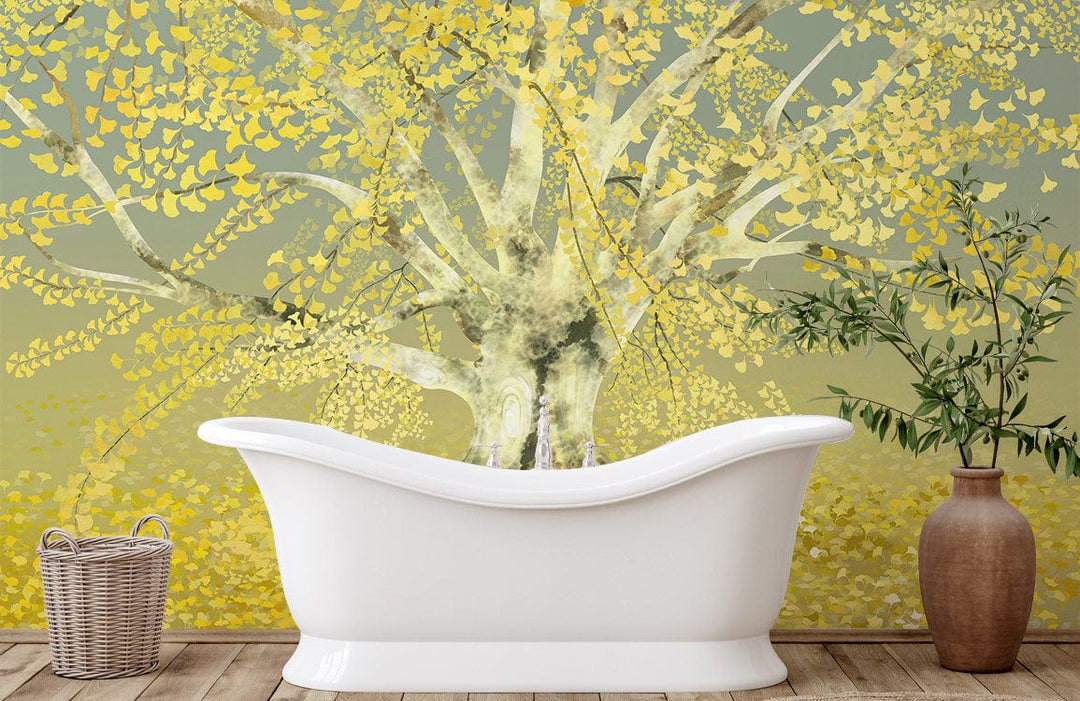 Golden Dreamscape Tree Mural Wallpaper on bathroom wall with white bathtub and wooden flooring.