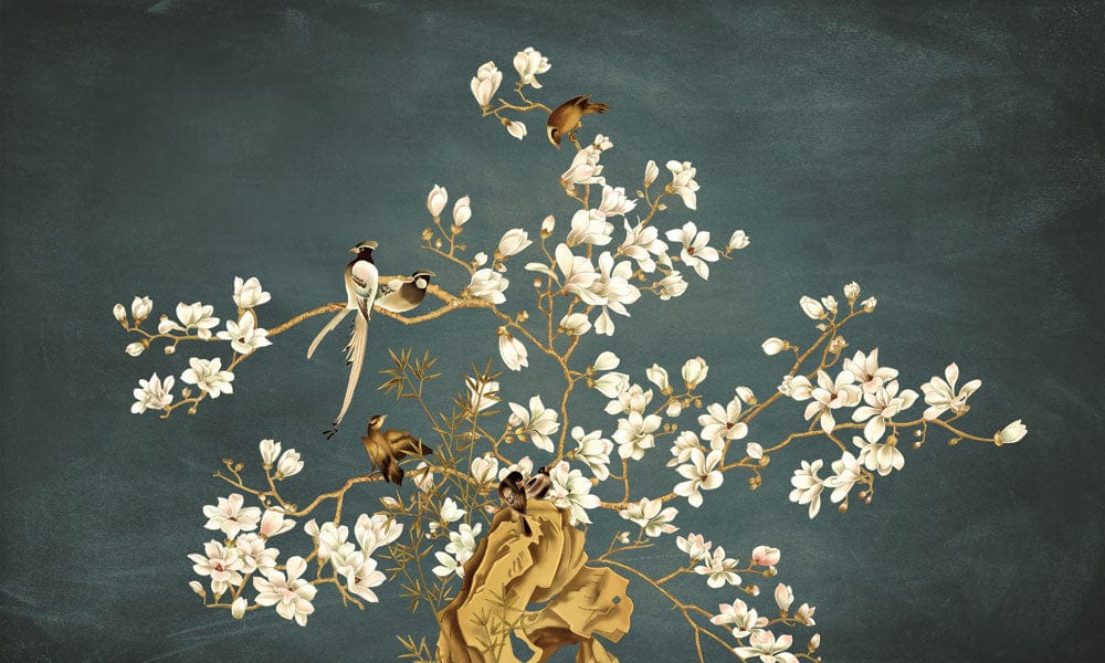 Elegant Blue Botanical Bird Mural Wallpaper with White Blossoms Pattern
