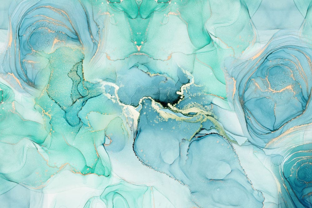 Turquoise Watercolour Marble Effect Abstract Mural Wallpaper with Gold Accents