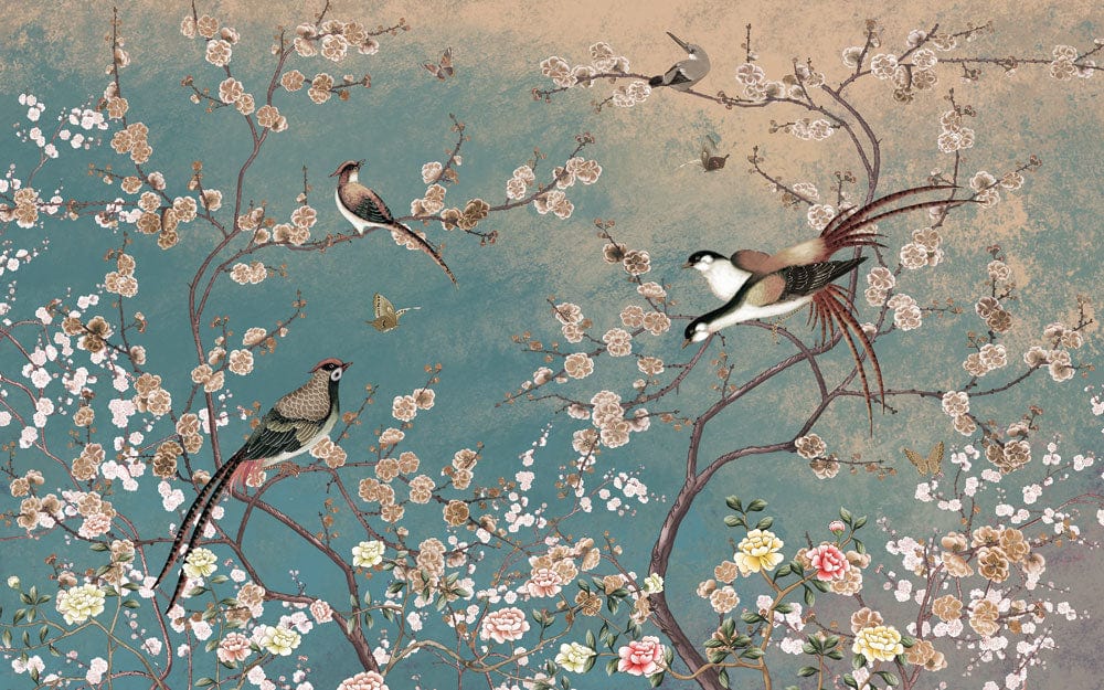 Elegant Vintage Chinoiserie Bird and Blossom Mural Wallpaper in Teal and Gold