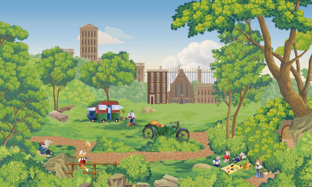 Vintage Countryside Picnic Wallpaper Mural with Lush Green Trees and Playful Scene