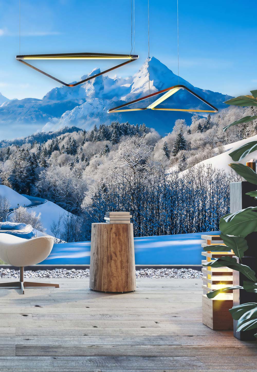 Majestic Alpine Winter Scene Mural Wallpaper in lounge, wooden flooring, modern pendant lights, cosy chair.