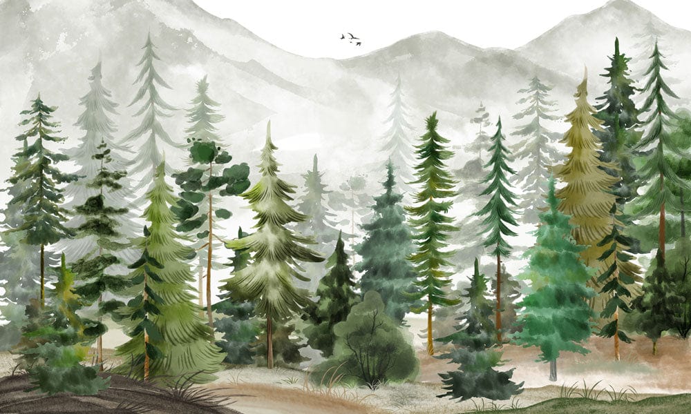 Mist-Covered Pine Forest Watercolour Mural Wallpaper in Earthy Green Tones