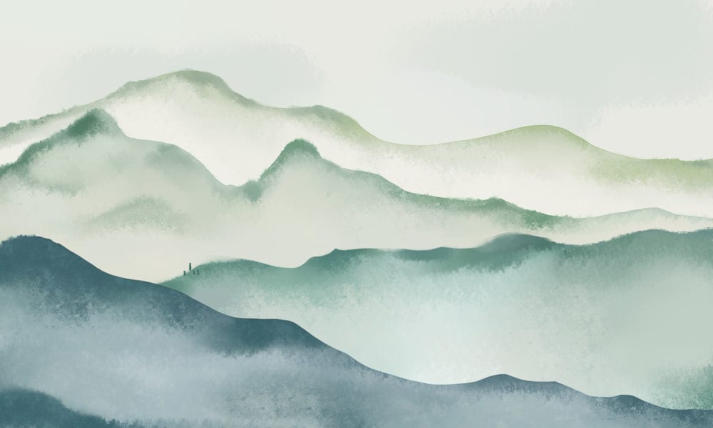 Misty Mountain Serenity: Elegant Green Watercolour Landscape Mural Wallpaper