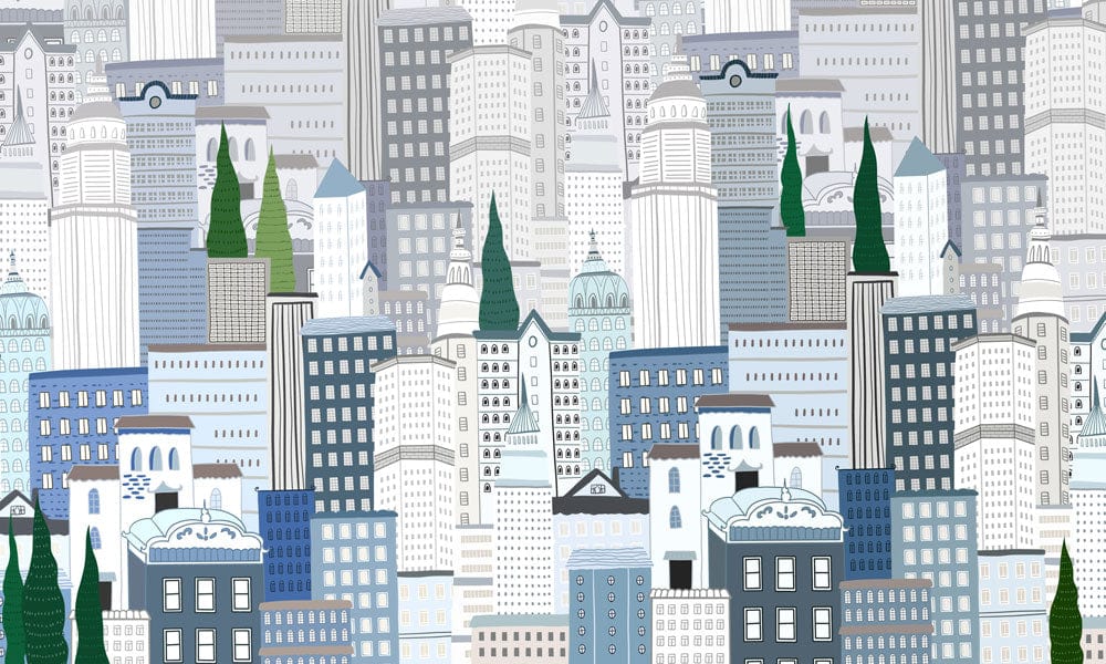 Cityscape Serenity: Blue and Grey Urban Skyline Pattern Wallpaper Mural