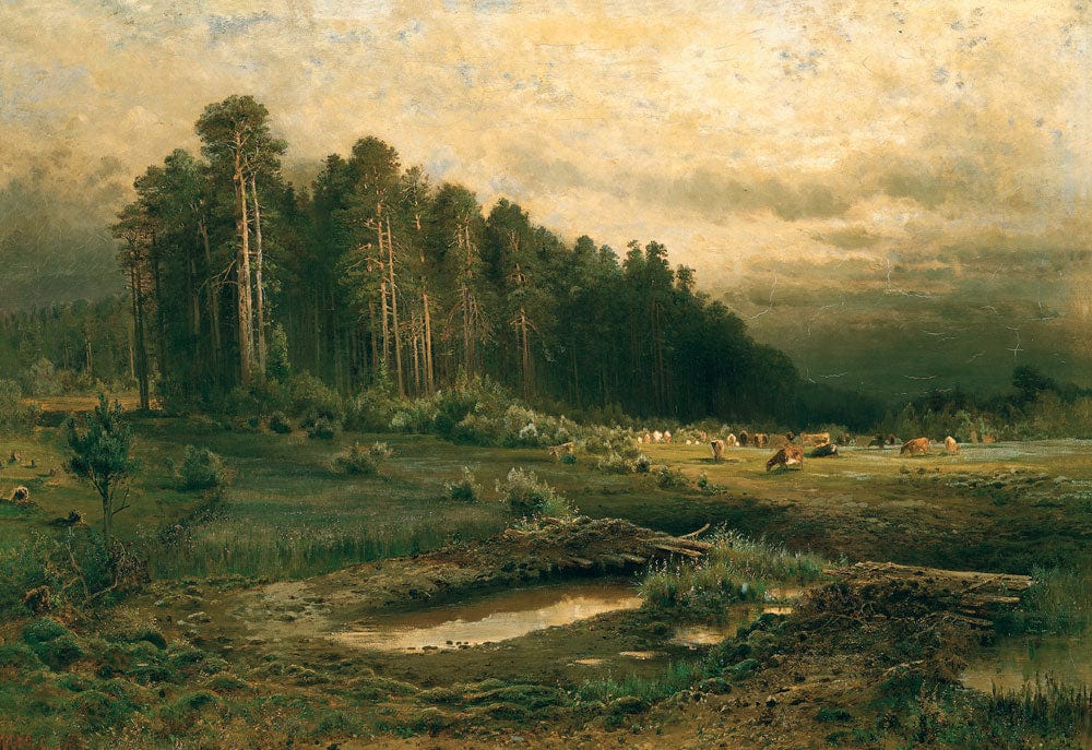 Tranquil Forest Landscape Mural Wallpaper with Moody Green Tones Victorian Style