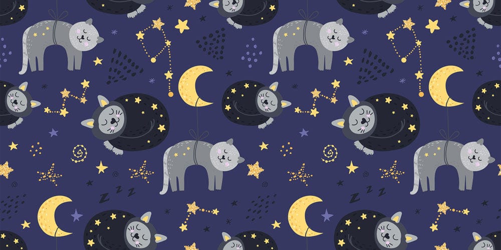 Dreamy Night Sky Cats Mural Wallpaper - Navy Blue and Gold Stars