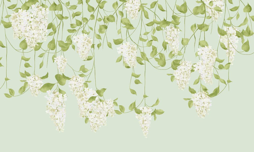Elegant Green Floral Cascade Wallpaper with Hanging White Wisteria Design
