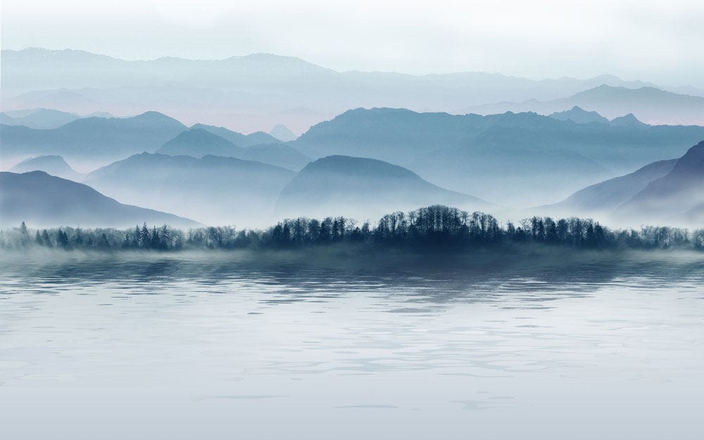Serene Blue Misty Mountain Landscape Mural Wallpaper for Tranquil Spaces