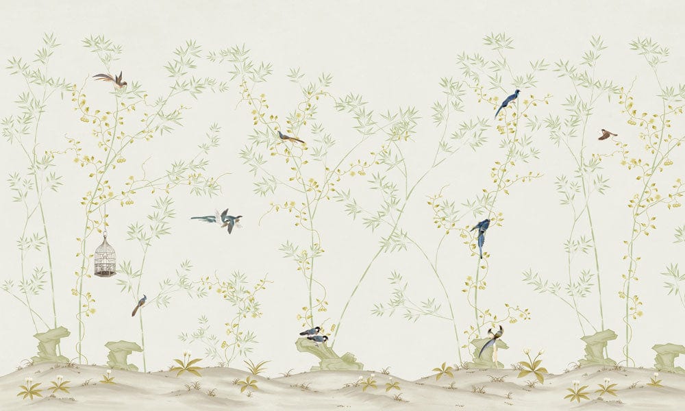 Serene Nature Scene Mural Wallpaper with Enchanting Birds and Soft Pastels
